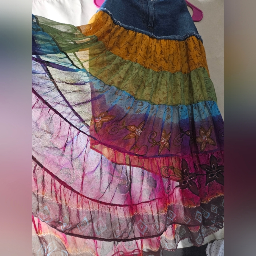 Half Moon Bay - colorful rainbow denim ruffle layer hipster fairy skirt boho
